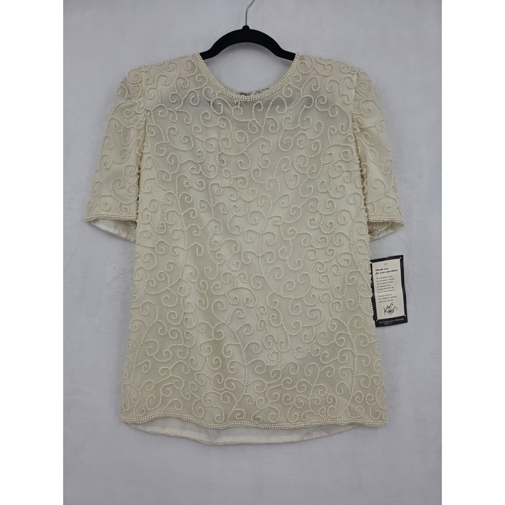 NWT Laurence Kazar Vintage Silk Beaded Pearl Blouse Cream Short Sleeve Top Small